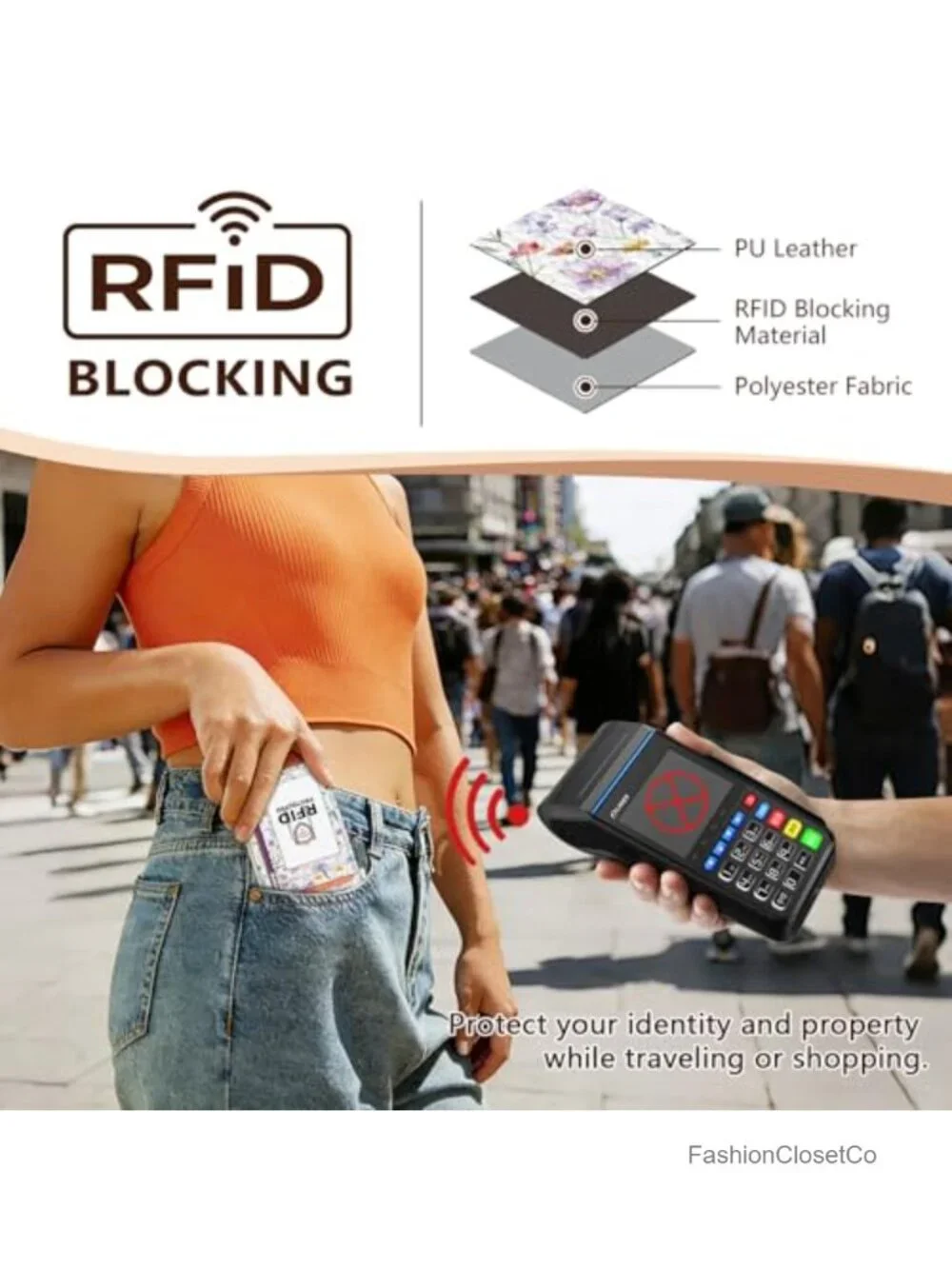 Slim RFID Blocking Card Wallet with Keychain, PU Leather, 6 Card Slots, Zipper